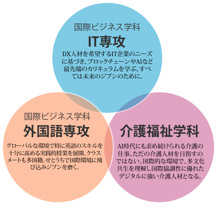 国際ビジネス学科　IT専攻、国際ビジネス学科　外国語専攻、介護福祉学科